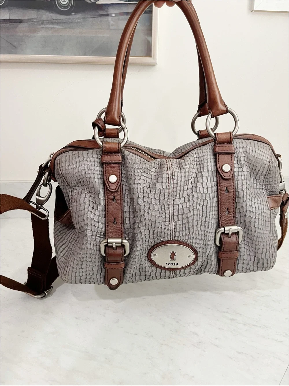 Fossil Maddox Long Live Vintage Snakeskin Embossed Leather Satchel Crossbody Bag